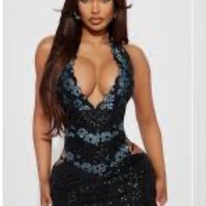 Black Halter Mini Dress with Blue Sequin Floral Accents